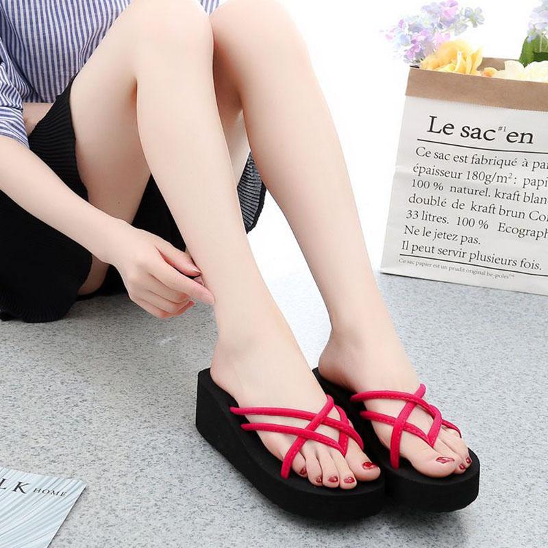 High Heeled Thick Sole Slippers Women's Flip-flops Summer Beach Anti Slip Fashion Outwear Sandals Simple and Casual Style