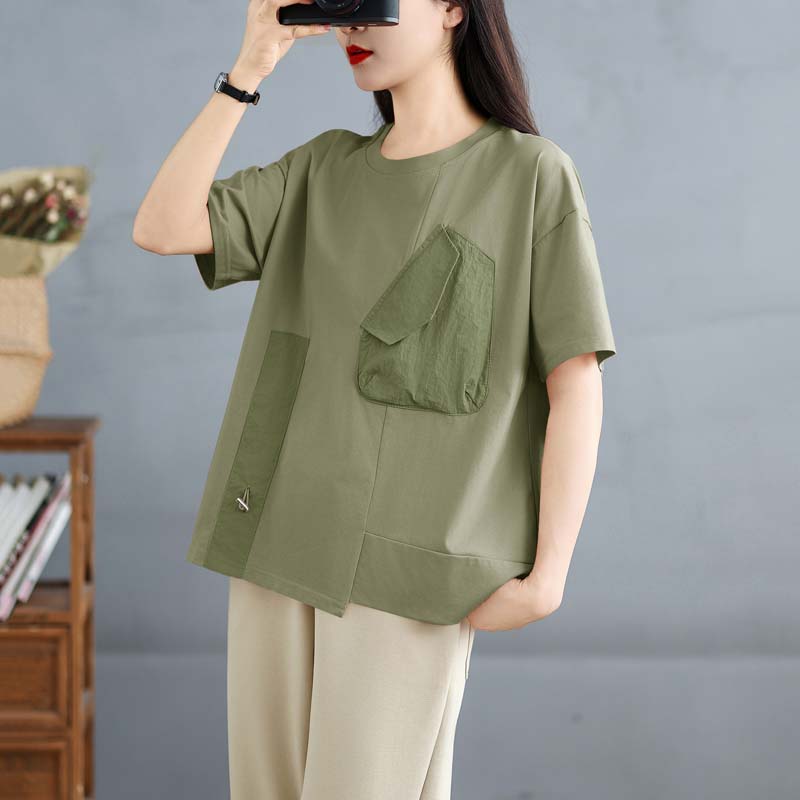 Dimanaf 2025 New Summer Women Loose Plus Size T-Shirt O-Neck Short Sleeve Basic Casual Tops Asymmetrical