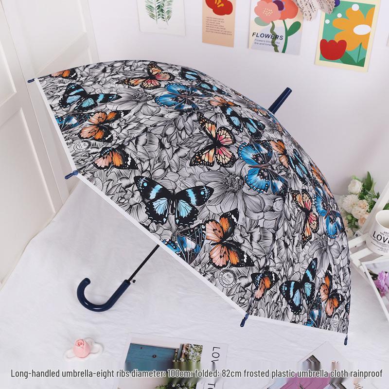 Japanese Forest Style Transparent Cherry Blossom Umbrella with Arched Long Handle for Students
