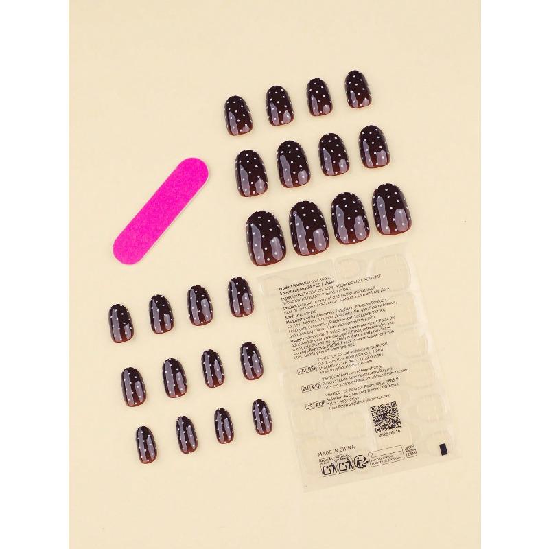 Brown Nails Press On White Polka Dot False Nails Short Fake Nails Oval Shape Press On Nails Manicure Set Includes 1sheet Adhesive Tabs & 1pc Mini File
