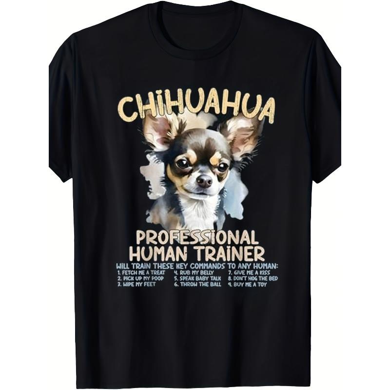 

European sizes Funny Chihuahua Trainer Graphic T Shirt Short Sleeve Crew Neck Perfect for Pet Lovers Parties Festivals Sports 4XL чорний
