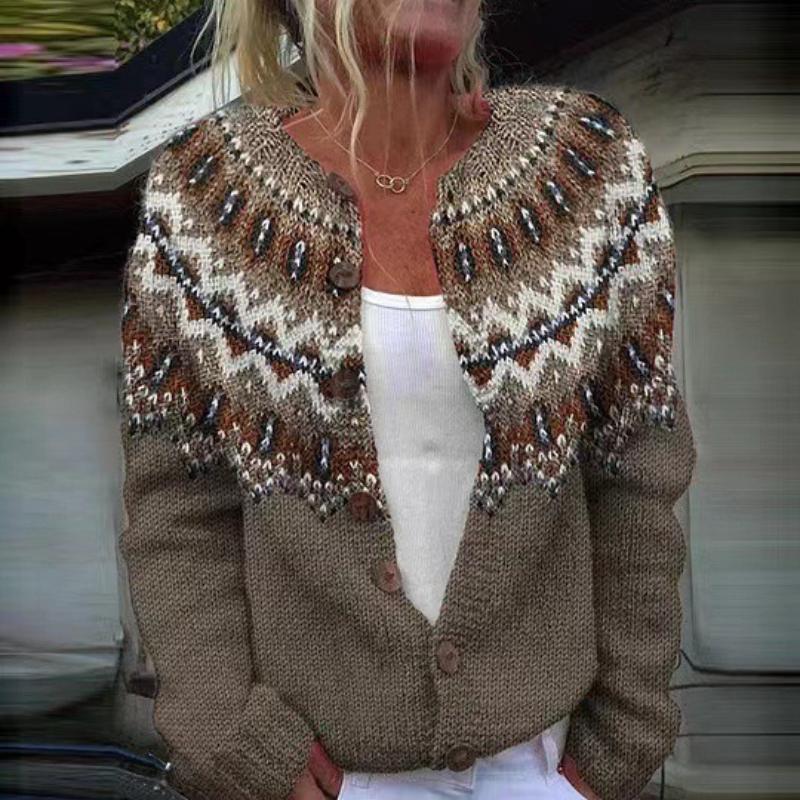 Women's Pink V-Neck Knit Cardigan with Jacquard Floral Pattern