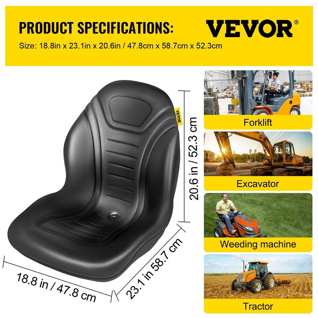 Universal Tractor Seat Replacement, Compact High Back Mower Seat Pair, Black Vinyl Forklift Seat, Central Drain Hole Skid Steer Seat with Mounting