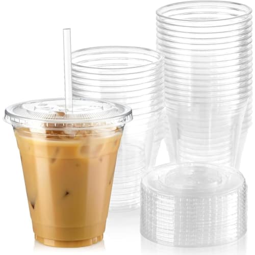 [Body + Lid] Plastic Cups with Lids, 100 Clear Cups (12 oz (340 ml))