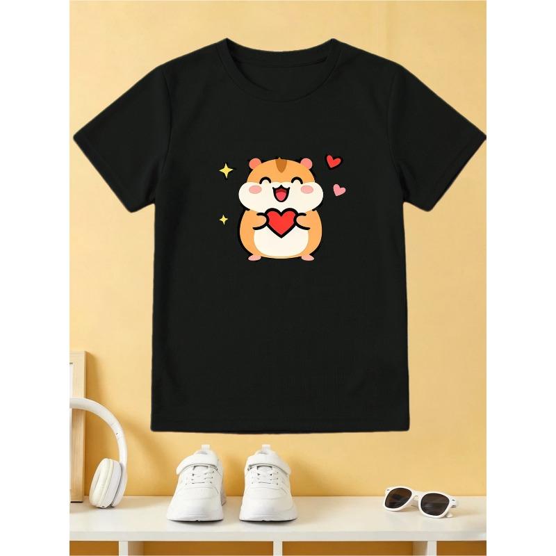 European sizes Boys Cute Hamster with Hearts Graphic T-Shirt, Crew Neck Short Sleeve Tee, Casual Breathable Kids Shirt, Kawaii Cartoon Print