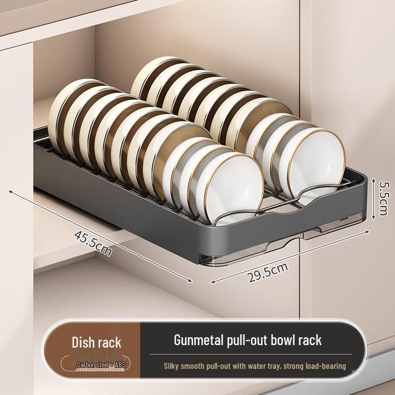 Pull-Out Kitchen Cabinet Dish Rack with Built-in Shelf and Draining Basket