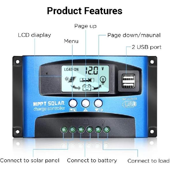 MPPT Solar Charge Controller 30A 40A 50A 60A 100A 12V 24V Auto Dual USB Load Discharger Solar Panel Regulator LCD Display