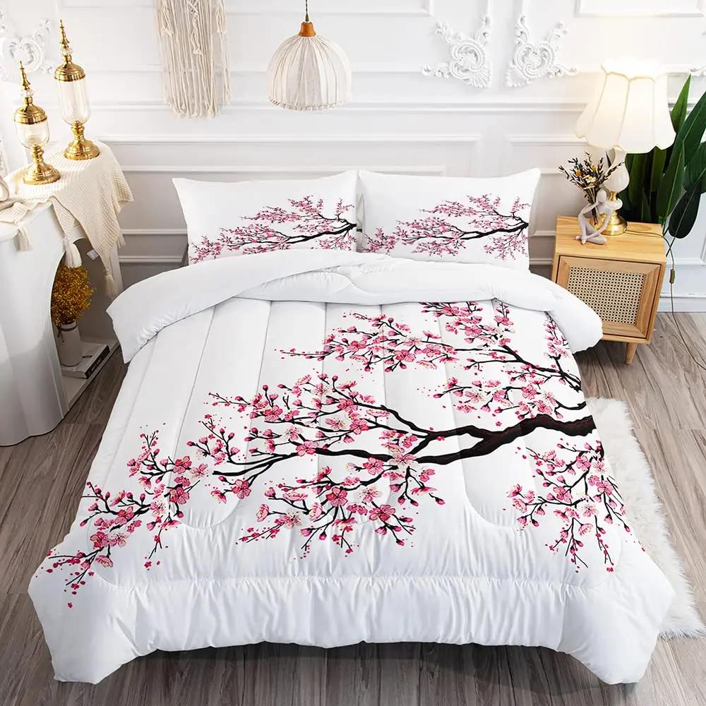 Japanese Duvet Cover Branch of  Flourishing Sakura Tree Cherry Blossoms Spring Theme Art Pink Decor Dark Brown for Women Gifts