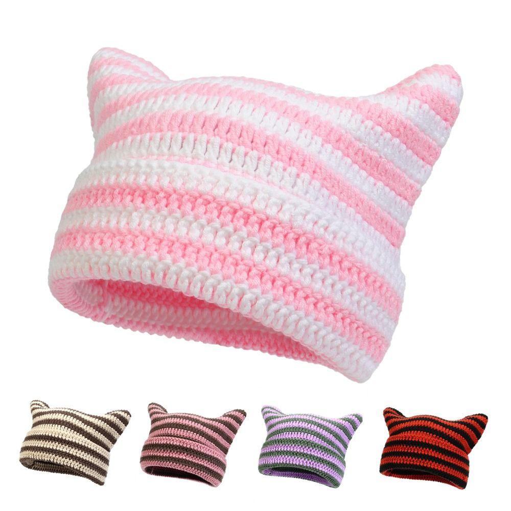 Y2K Harajuku Japanese Beanie Hat Keep Warm Knitted Wool Cap Ins Little Devil Striped Hat Women