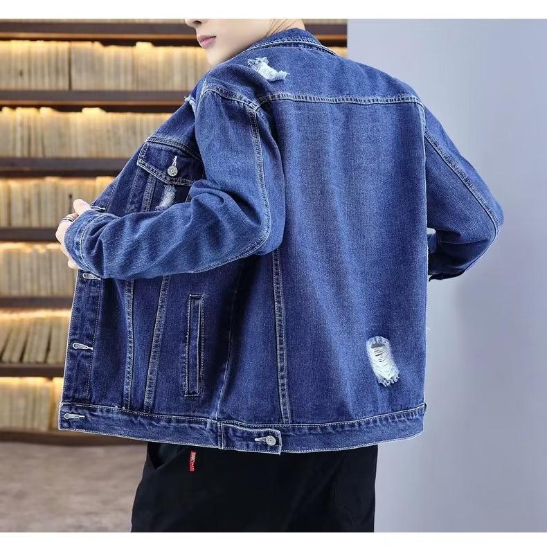 FiveFive Spring Autumn Mens Lapel Denim Jacket Coat Hip Hop Wind Casual Coat Cotton Plus Size Denim Jacket Men Hole Clothes