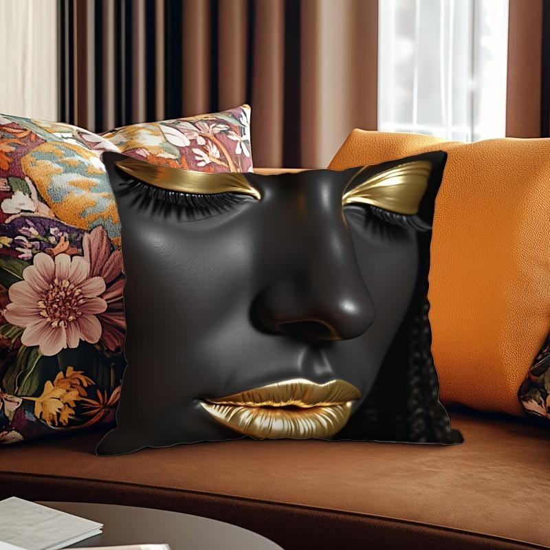 Atemberaubender schwarzer Kissenbezug mit goldenen Gesichtszügen - Einzigartige Heimdekoration Sofakissenbezug, Heimdekoration, 2D-Druck