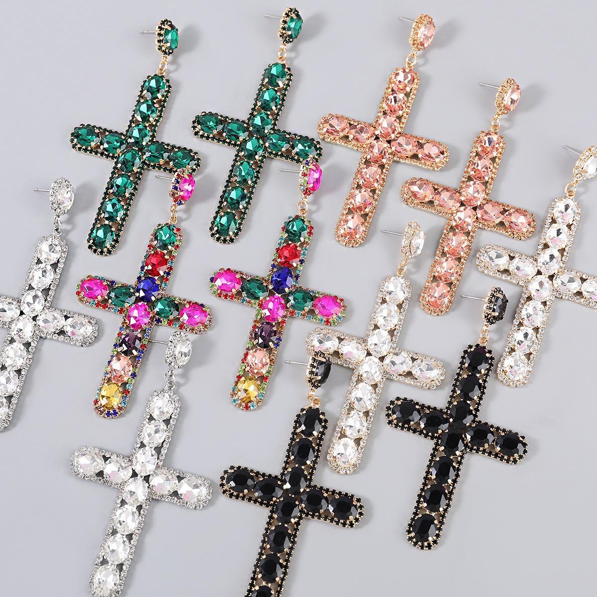 

Exaggerated European & American Rhinestone Cross Earrings for Women, 2021 Fashion золотий