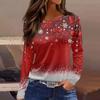 Women's Fashion Casual Slit Hem Round Neck Long Sleeve Loose Printed T-Shirt Ladies Top Christmas