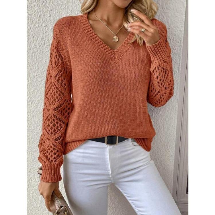 

Winter Knitted Sweater Women V Neck Long Sleeve Hollowed Out Pullover Autumn Winter XL помаранчевий