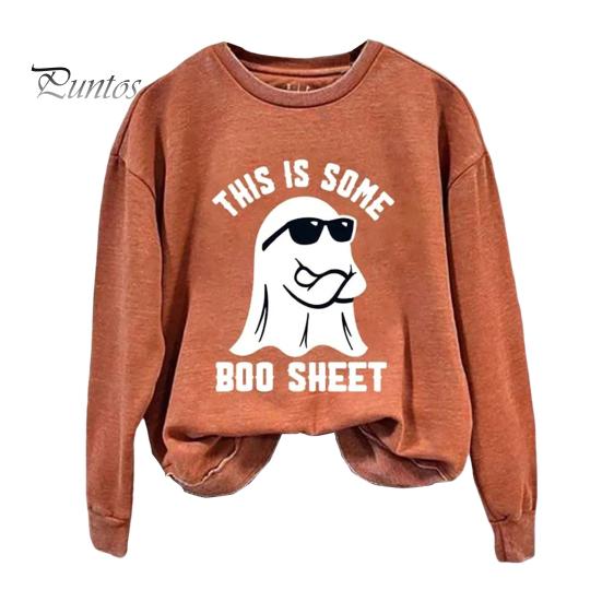 

Осень-весна женский топ с цифровым мультяшным принтом, круглый вырез, длинные рукава, пуловер, свободная толстовка на Хэллоуин, спортивная повседневная одежда L оранжевый