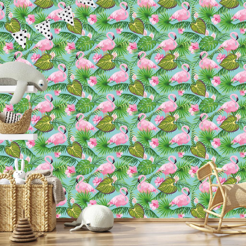 Flamingos, flowers and tropical leaves wallpaper for living room and bedroom 50x1000