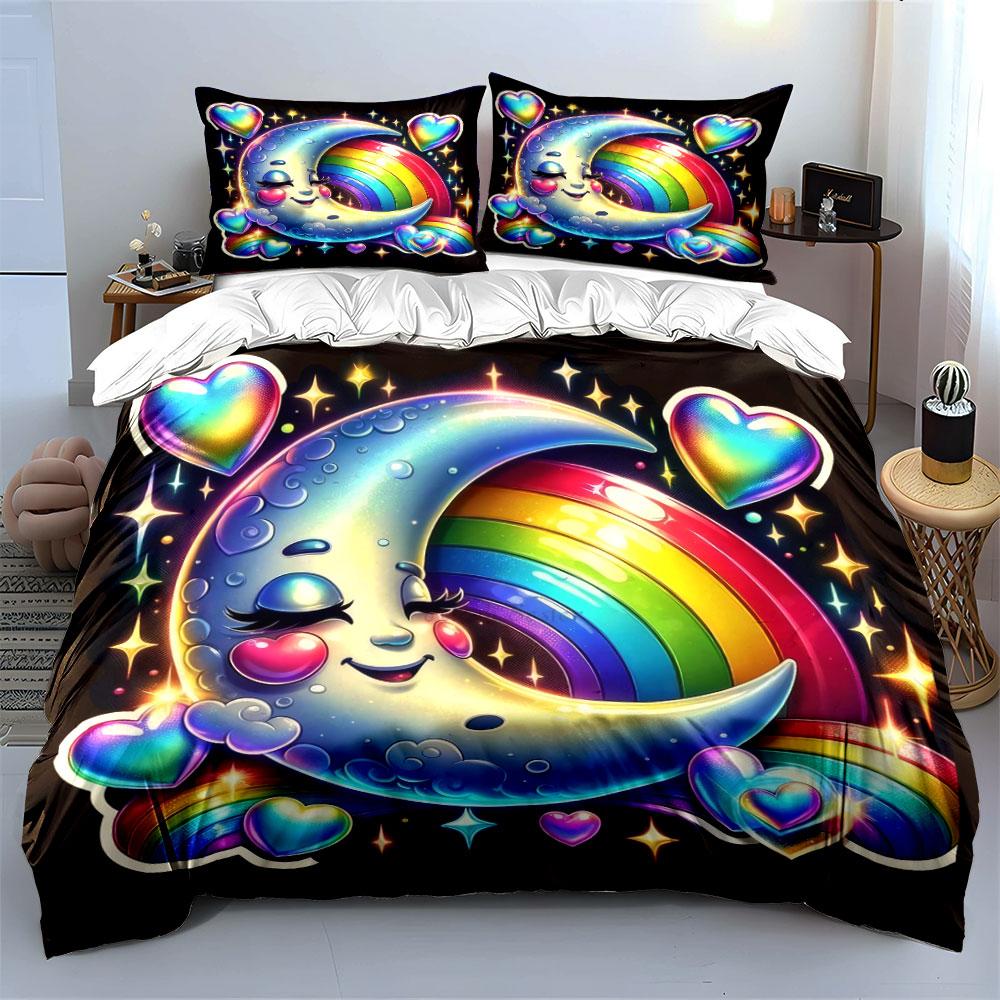 Cute Moon Rainbow Heart Design Bedding Duvet Cover Set  (1*Duvet Cover 2*Pillowcases, Without Duvet Insert)