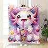 Buntes, skurriles Design mit einem Axolotl, der Bubble Tea hält. Decke für alle Jahreszeiten Mittagspause Überwurf Geschenk