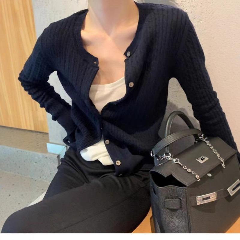 Retro Twist Autumn and Winter New Knitted Cardigan Women's Crew Neck Short Base Versatile and Thin Sweater Jacket Women