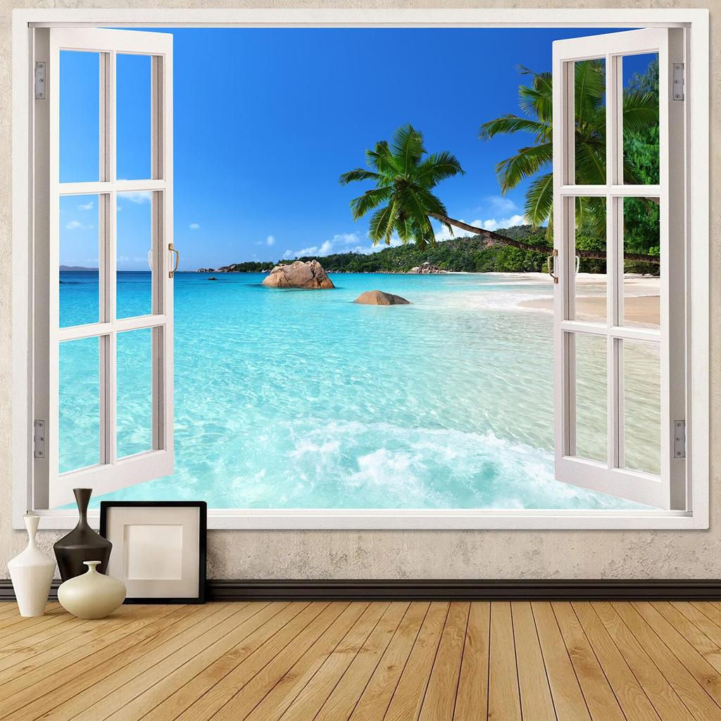 Beach Landscape Tapestry, Tropic Ocean Sea Island Palm Tree Seaside Tapestries For Living Room Summer Window Wall Hanging Island