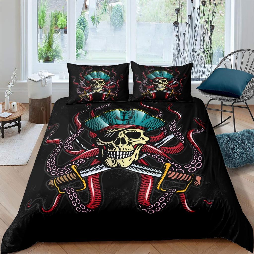 Pirátský povlak na přikrývku Žraločí zátoka Ostrov Tortuga Karibské vody Retro Jolly Roger Hořčicově modrá Dekorace do ložnice Ženy Děti Muži