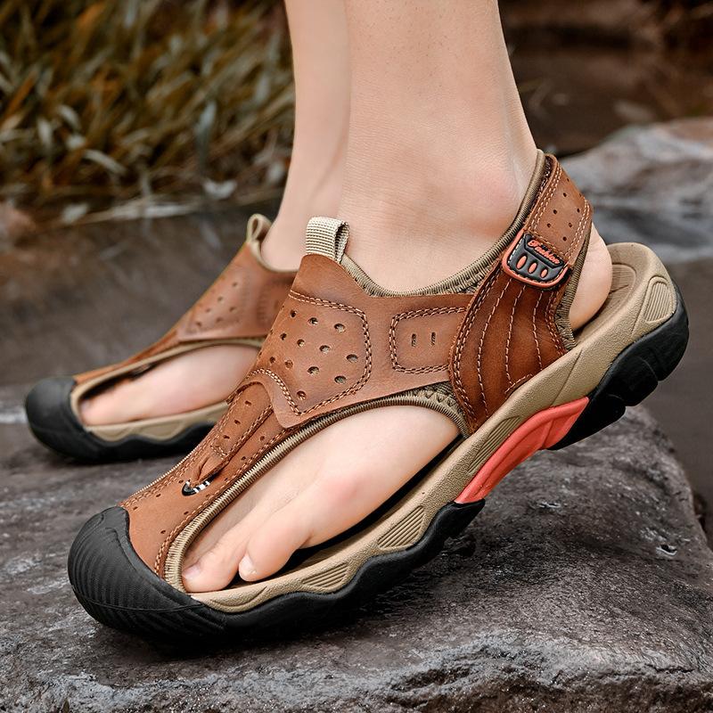 

Sandals Men s Leather Breathable Soft Bottom Outdoor Casual Mezzanine Beach Shoes 46 темно-коричневого кольору
