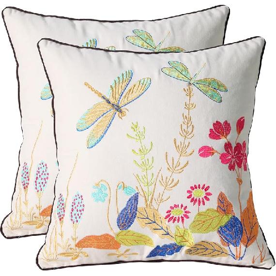 Set of 2 Embroidered Decorative Throw Pillow Covers Couch Square Pillowcases Cushion for Bedroom Sofa Farmhouse Decor 18x18 Inch (Blue Floral)