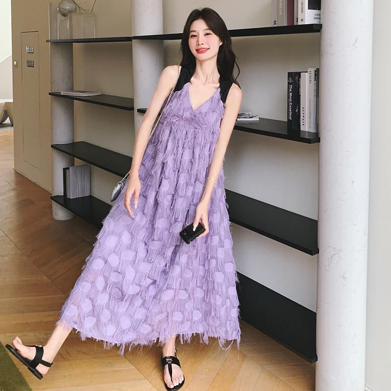 

Летнее платье-подтяжка с кисточками и французским колор-блокингом 2024 года Large фиолетовый