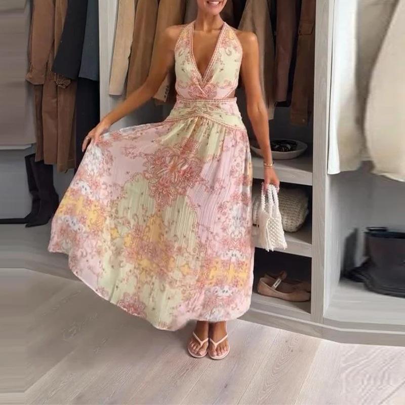 Elegant Printed Women's Dress Halter Sleeveless Lace Up A-Line Lady Long Dresses Summer Female Vacation Holiday Robe New