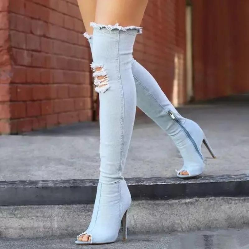 2025 Boots Women Summer Autumn Thigh High Peep Toe Over The Knee Boots Blue Denim Jeans Zipper Long Boots Shoes Ladies