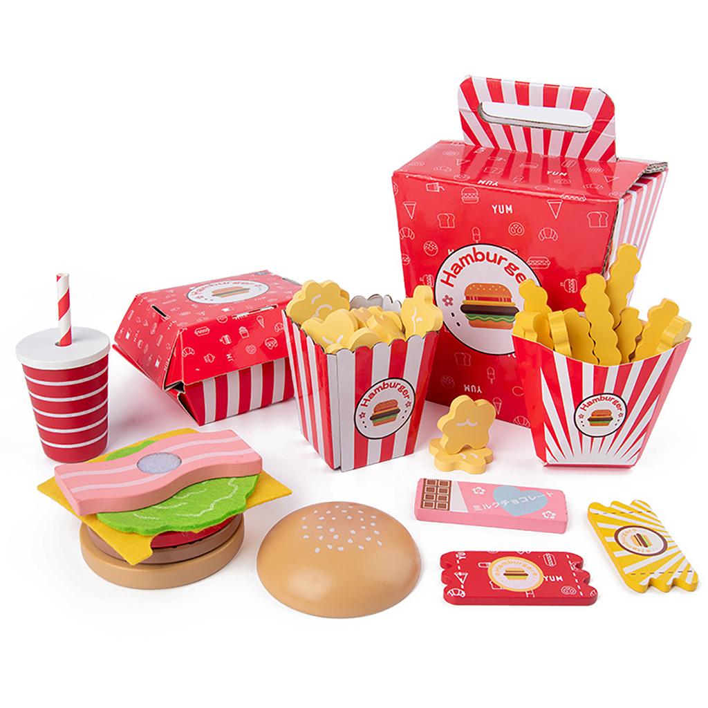 Children's Wooden Hamburger and French Fries Family Bucket Set, Combined with Simulated Kitchen, Family Food Gift Toys