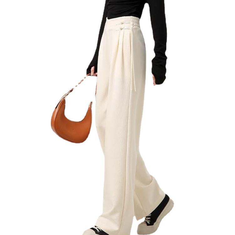 Elegant High Waist Wide Leg Pants with Ancient Button Design for Women