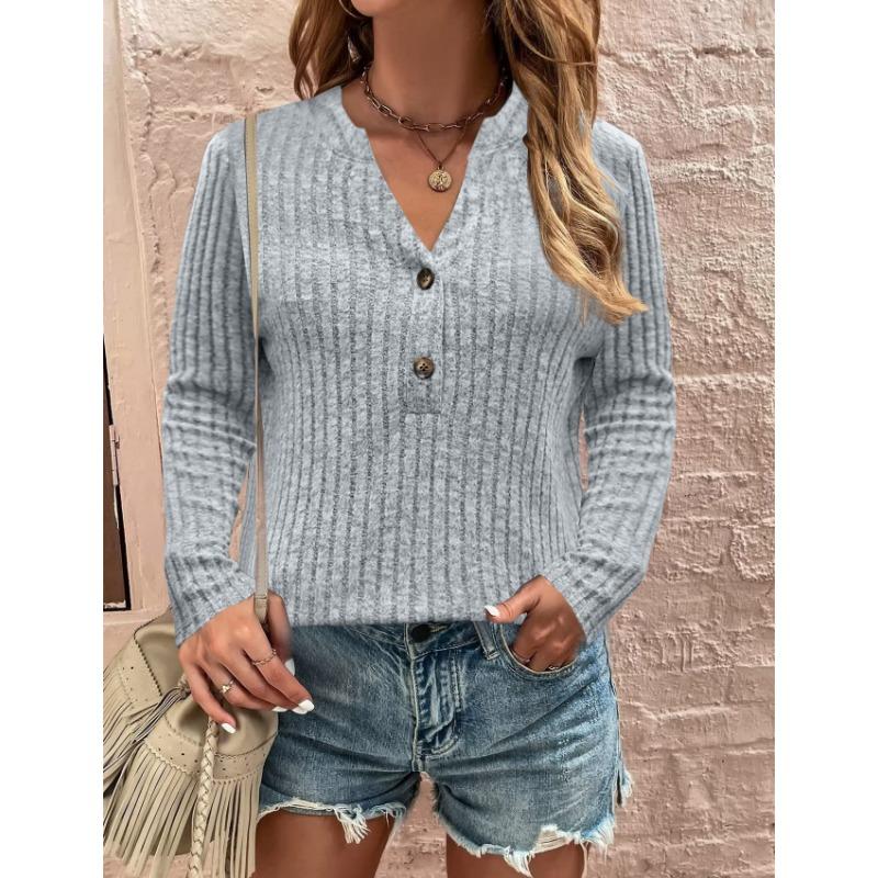 JKASHDK Women's Fashion Casual Spring Fall Solid Color Print Long Sleeve V-Neck Pullovers & Long Sleeves