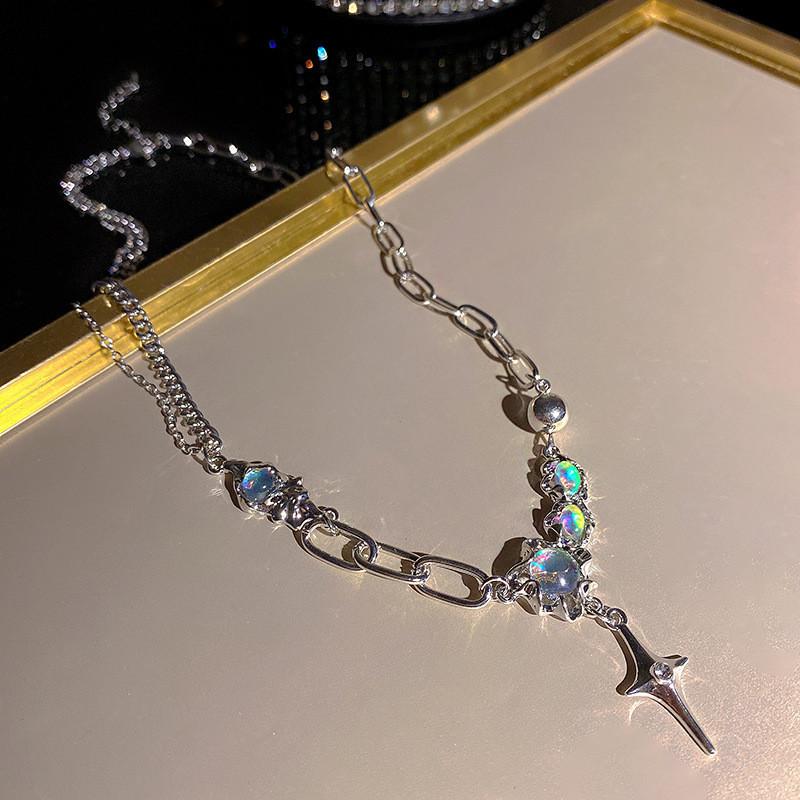 17KM Simple Cross Necklace for Women Elegant MoonStone Crystal Silver Necklaces Chain Accessories Jewelry