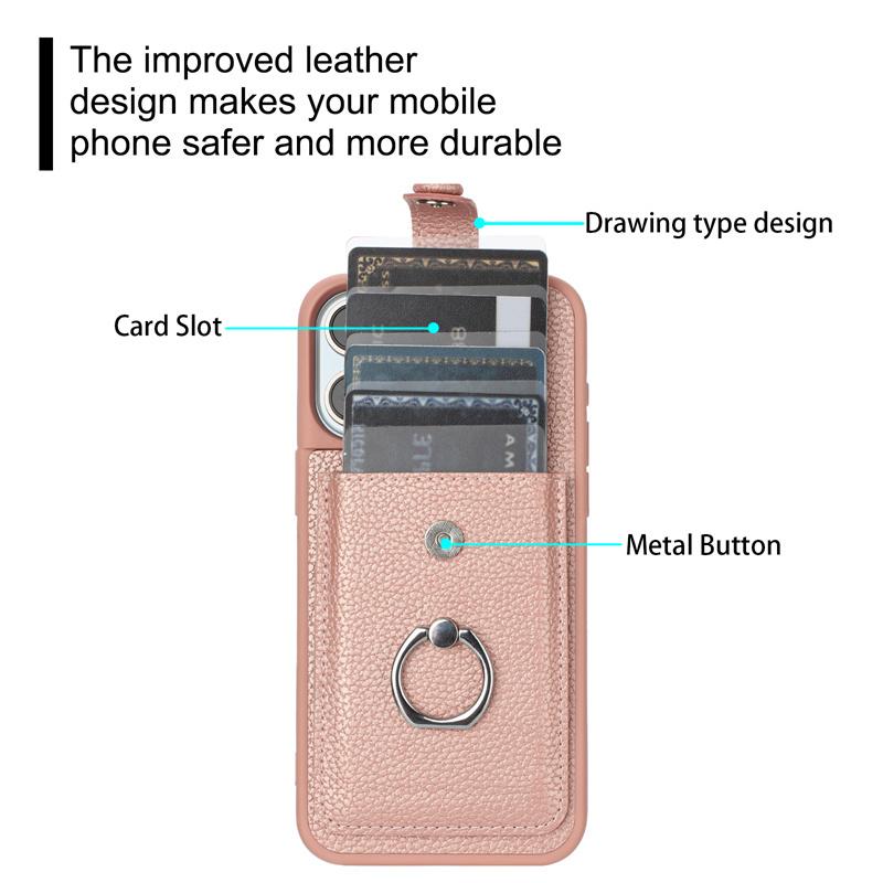 Leather With Cards Slot Phone Case For iPhone 16 15 14 13 12 Pro Max iPhone15 iPhone16 Plus Metal Ring Holder Wallet Back Cover