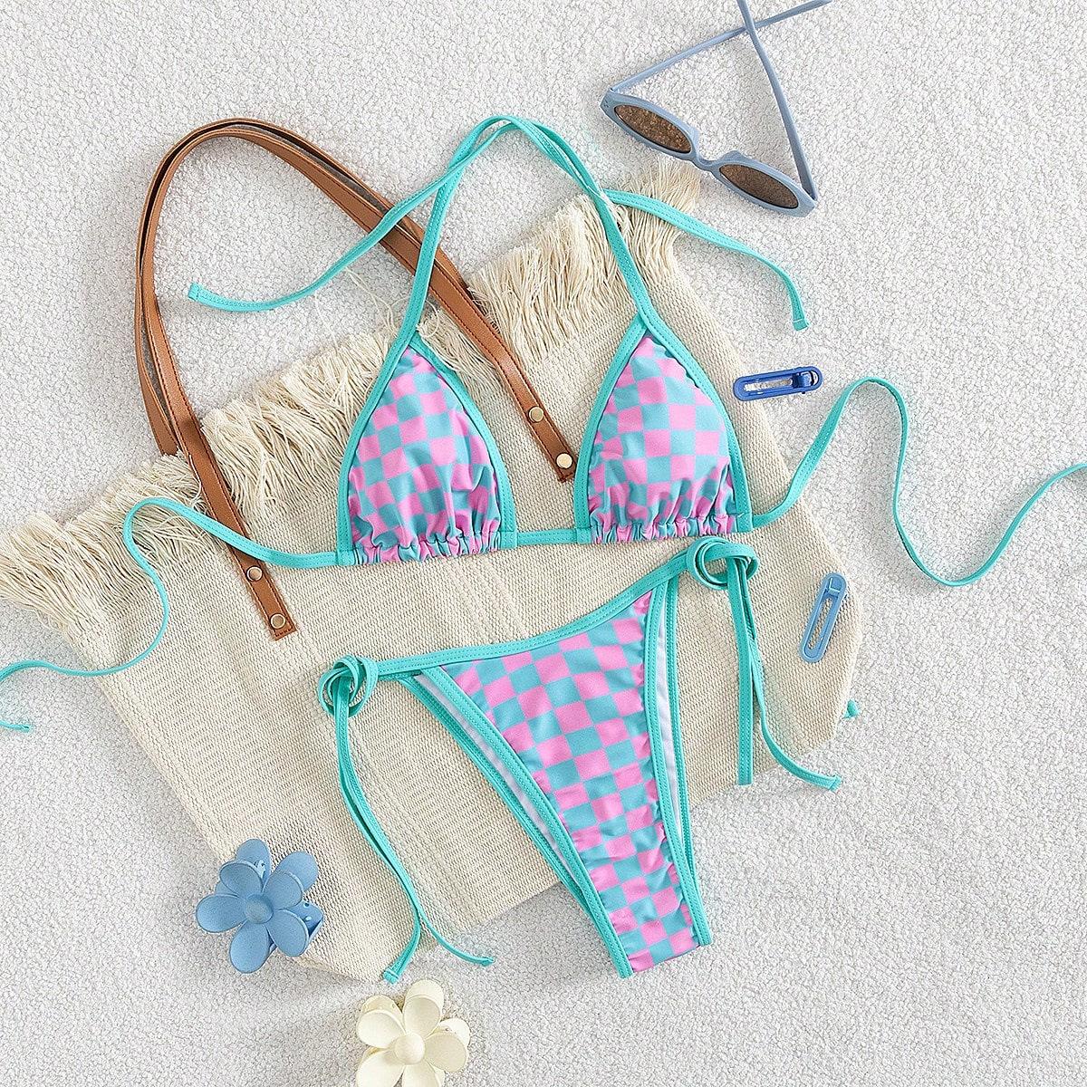 European and American swimwear plaid print halter strap women s split bikini swimsuit S