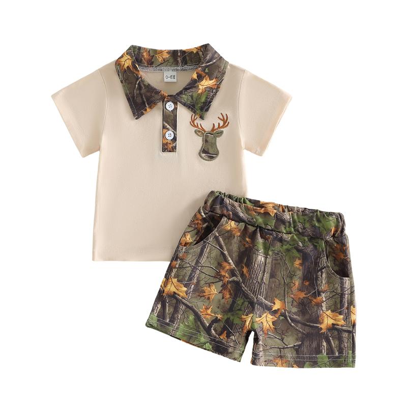 

Boy Clothing Duck Embroidered Button Collared Short Sleeve Tops and Camouflage Shorts Summer Clothing Sets 0-6M бежевый