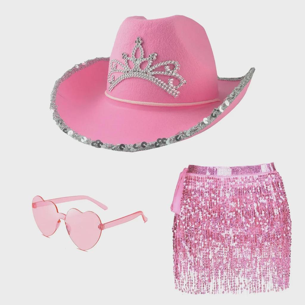 Grenzüberschreitender pinker Western-Cowboyhut, Sonnenbrille, quadratisches Tuch, Pailletten-Tanzrock, Party- & Hochzeits-Halloween-Kleid