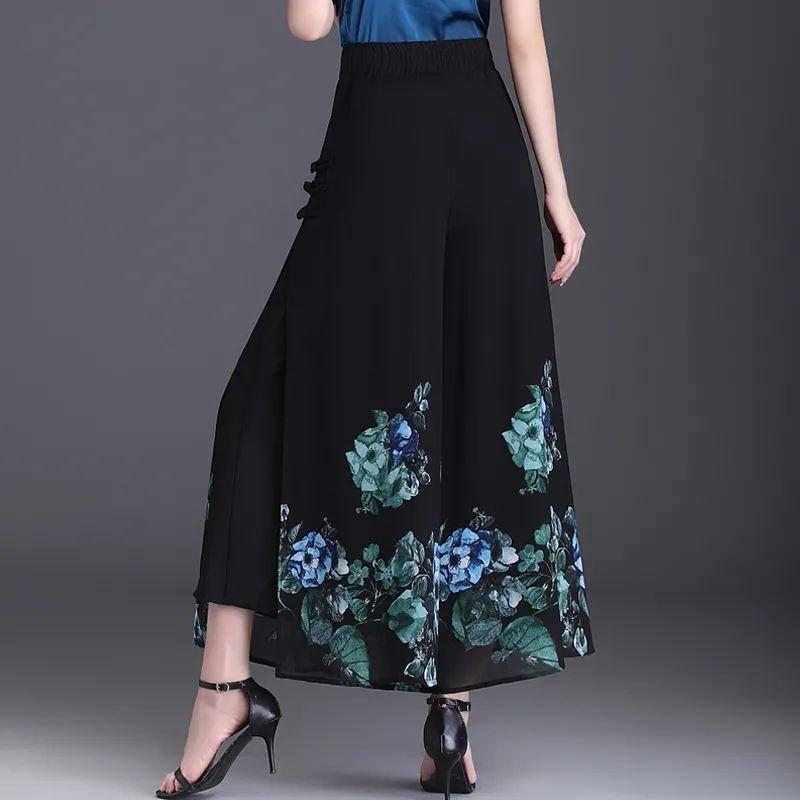 Women's Chiffon Wide Leg Pants Summer Chinese Style Floral Pants Skirt Pants Loose High Waist Retro Pants Skirt
