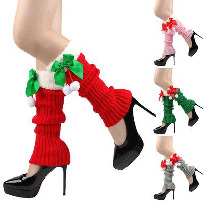 Womens Christmas Bow Stockings Leg Warmers Ankle Winter Warm Fleece Stretch Knitted Foot Cover Ladies Thick Cuffs Boot Socks