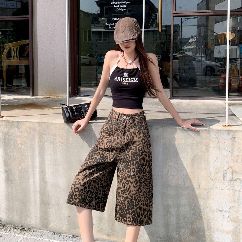 Gedijie leopard print wide leg denim shorts, women's high waisted versatile casual loose straight leg pants