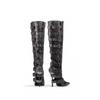 Fashion Brand Black Belt Buckle High Heels Knee High Boots Autumn Winter Women Fashion Pole Dance Pointed Solid Color Knight Boots 34-46