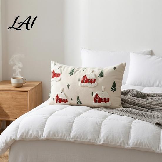 Festive Cushion Covers Christmas Cottage Cover Red Snowy House Pillowcase Decorative Cover Throw Pillow Case for Sofa Couch Farmhouse Home
