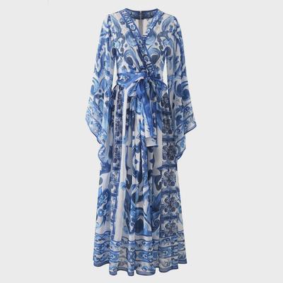 European & American Women's Chiffon Silk V-Neck Floral Print Maxi Dress