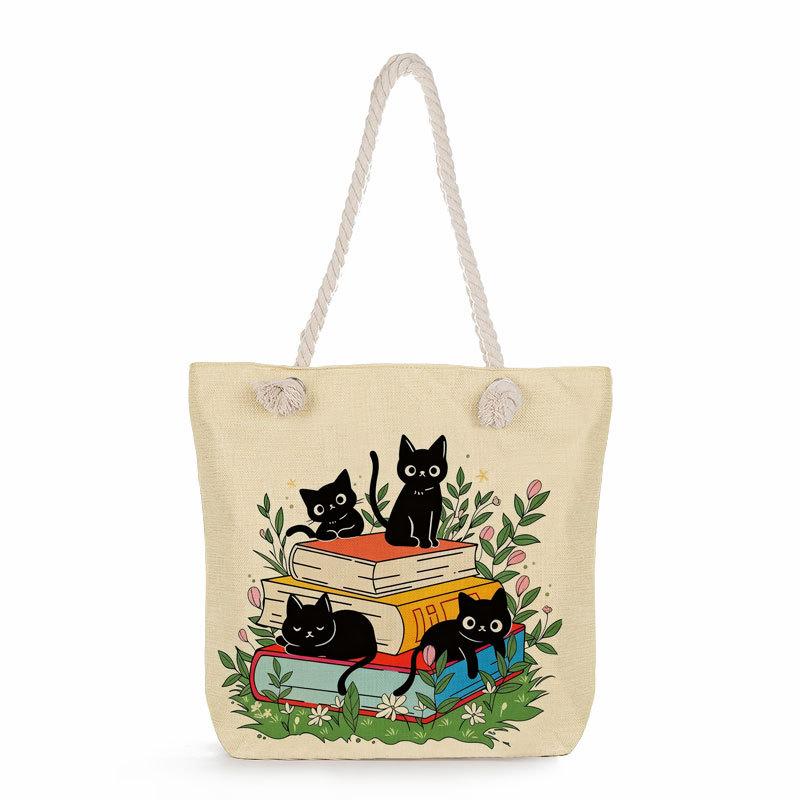 Multifunctional Black cat  Printed Thick Rope Shoulder Beach Bag 7579