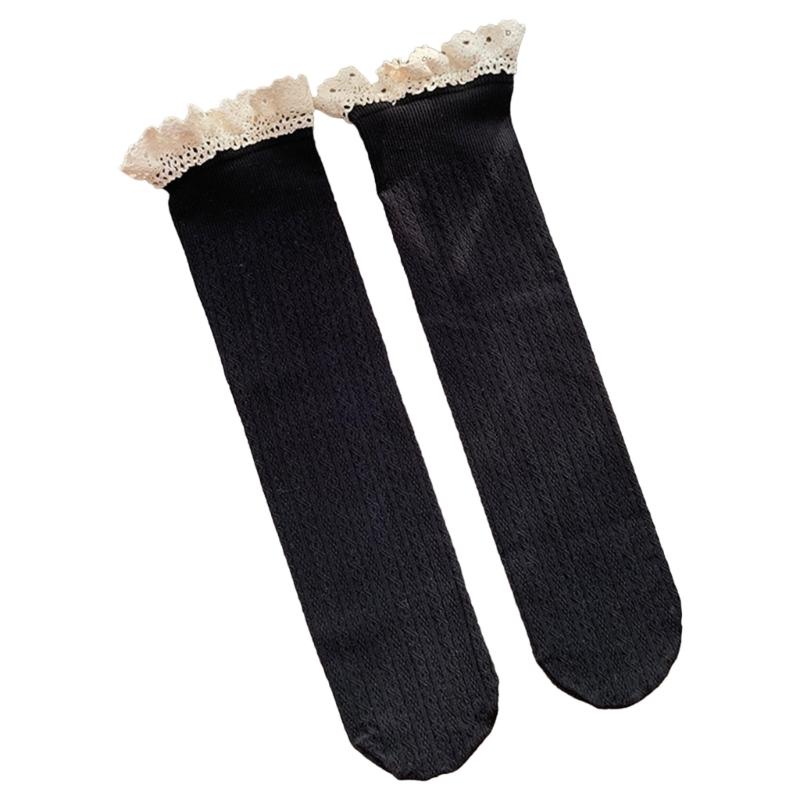 Women Winter Fall Vertical Striped Ribbed Knit Long Socks Japanese JK Sweet Frilly Ruffle Lace Trim Knee High Stockings