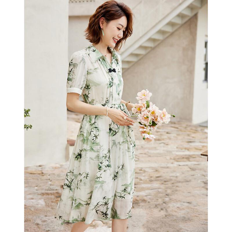 Pasite Summer New Chinese Style Printed Tie-Waist Lapel Shirt Dress
