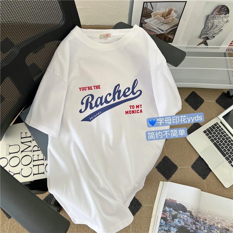 

% Pure cotton shoulder back bag collar ins letter short-sleeved T-shirt women s summer loose Korean version top tide S белый