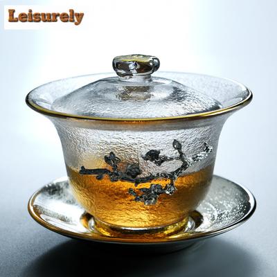 150ml Gaiwan in latta con fiori di prugno giapponesi, vetro martellato, tazza da tè, uso domestico, teiera con coperchio, ciotola per tè Kung Fu, artigianato