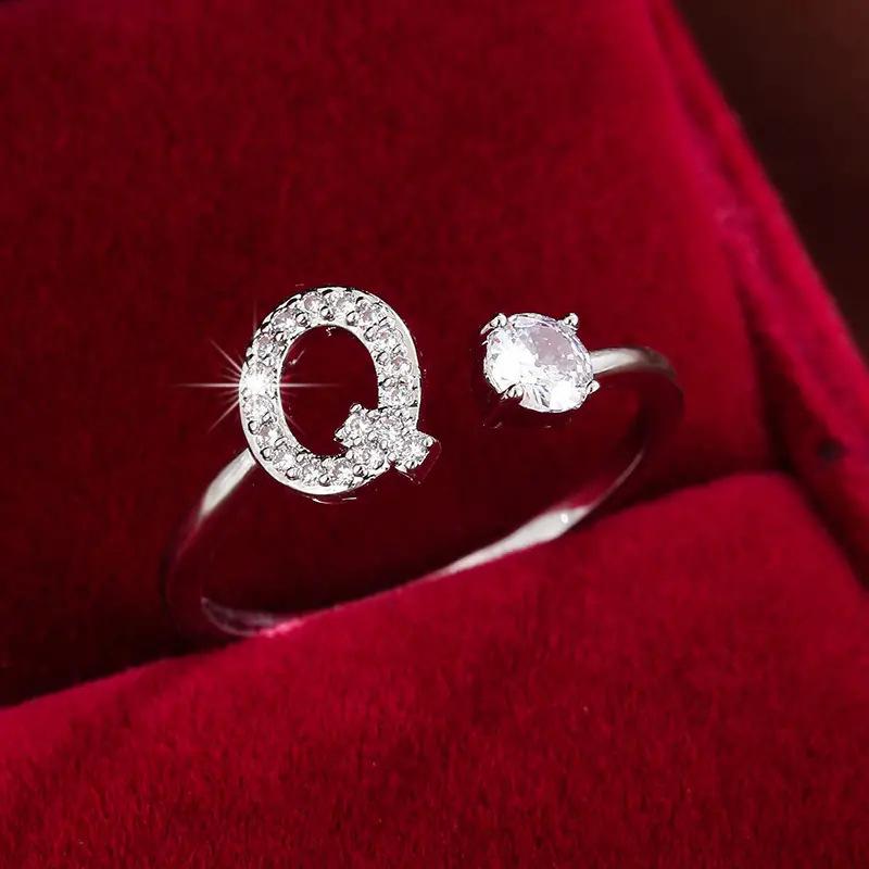 26 English Letter Micro-set Zircon Fashion Women's Ring, Copper-plated 14K Open Plain Ring